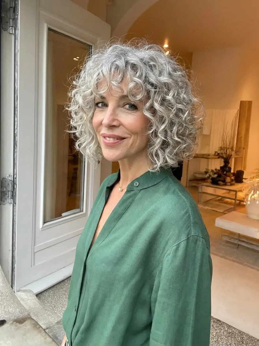 Chin-Length Curly Bob with Curtain Bangs in Silver Frost